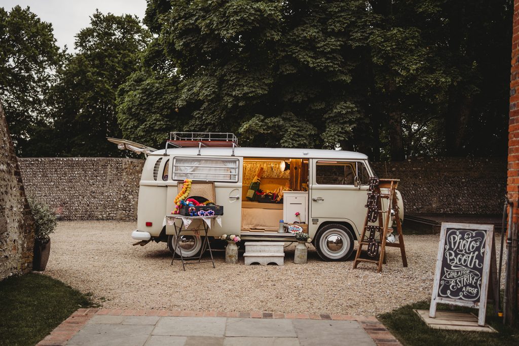 Campervan photobooth set up in the courtyard at Cissbury Barns, West Sussex